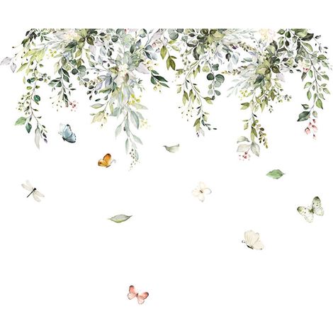 Wandaufkleber mit grünen Blättern, Aquarellpflanzen, große Wandaufkleber, Blumen und Schmetterlinge für Wohnzimmer, Schlafzimmer, Büro, Sofa, Hintergrund, Wanddekoration