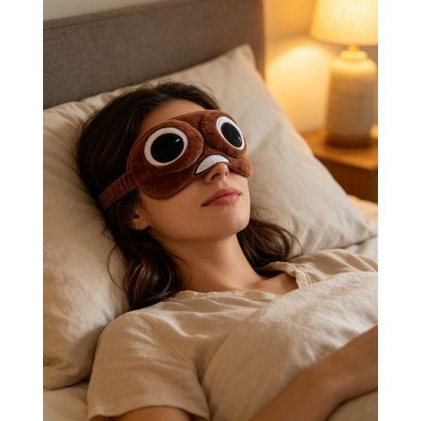 Masque occultant forme monstre marron en peluche moelleuse, confortable pour dormir et voyager, cadeau original amusant (1/2)