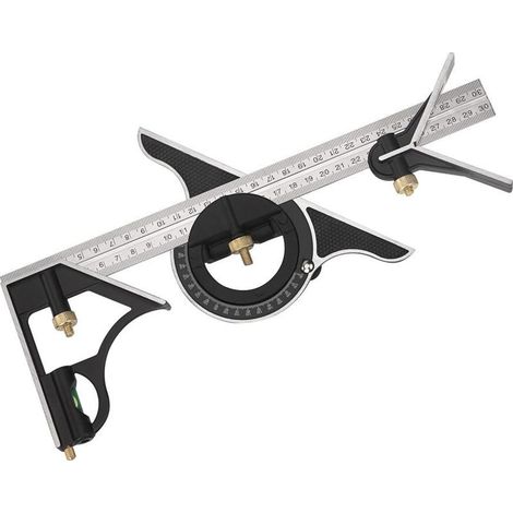 Droite 300 mm Équerre Combinée en Métal Règle de Menuiserie Multifonction Règle d'angle de Combinaison avec Rapporteur d'Angle à Niveau à Nulle Tête (1/5)