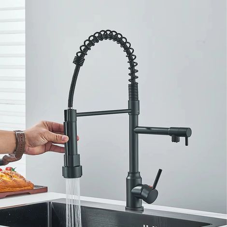 Robinet de cuisine Crane en acier inoxydable noir mat avec douchette extractible, double bec et rotation à 360°, pour eau chaude et froide. (1/5)