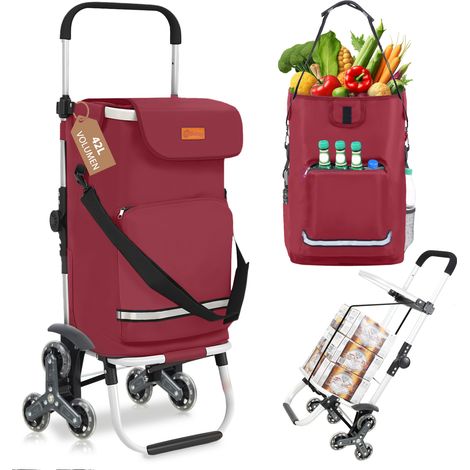 Sekey Aluminium 3 in 1 Treppensteiger Einkaufstrolley, Trolly Einkaufswagen Klappbar mit Kühlfach, 6 Räder, Rot