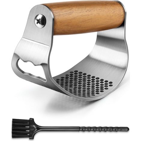 Presse Ail Inox, Ecrase Ail avec Petite Brosse Manche en Bois Massif Garlic Press Nettoyage Facile Coupe Hachoir, Silver And Brown (1/5)
