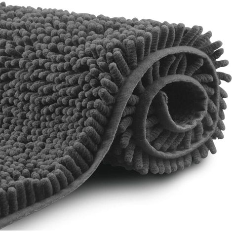 Rutschfeste, flauschige Chenille-Mikrofaser-Badematte 50 x 80 cm, maschinenwaschbar, aus weicher und saugfähiger Chenille-Mikrofaser, ideal für Badewanne, Dusche und Badezimmer (dunkelgrau). (1/5)