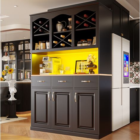 MEUBLIV Buffet de cuisine haut 120 x 40 x 180 cm noir avec LED, 3 portes et 3 tiroirs (1/5)