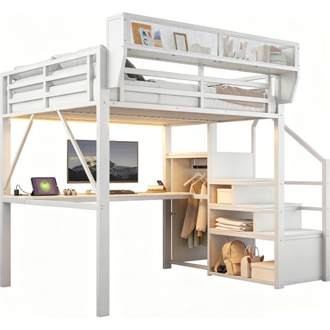 CHICFURN Lit mezzanine 140x200 cm en métal blanc, avec bureau long, LED multicolore, échelle de sécurité et étagères modulables, idéal pour petits espaces et chambre. (1/5)