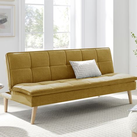 Divano Letto Reclinabile 3 Posti Ergonomico in Tessuto Mostarda con Gambe Legno (1/5)
