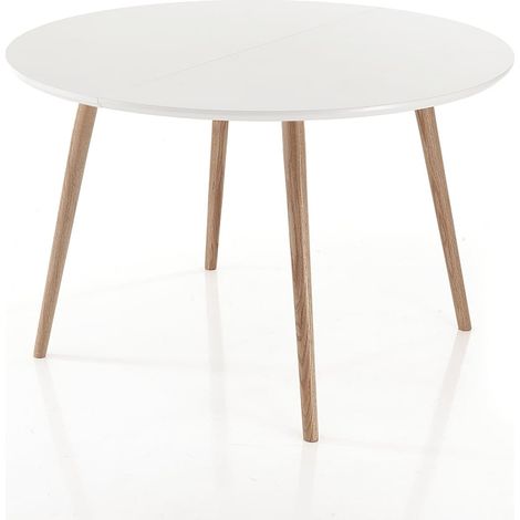 Ausziehbarer runder Tisch, weiß mit Eichenbeinen, Soft Wood