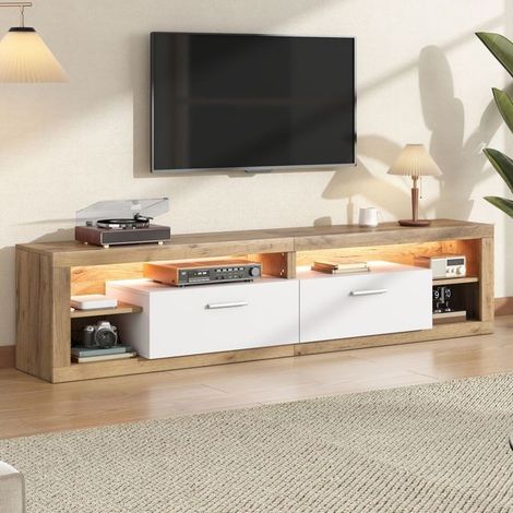 Meuble tv led 180 x 35 x 50 cm éclairage led piloté par application 2 tiroirs 4 compartiments ouverts panneaux de particules charge (1/5)