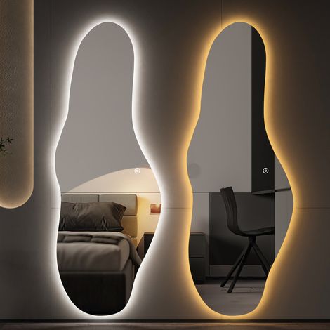 WDWRITTI Asymmetrischer Standspiegel mit Beleuchtung 165x60 cm Ganzkörperspiegel mit Beleuchtung Asymetrischer Spiegel mit Beleuchtung für Ankleidezimmer, Schlafzimmer, Wohnzimmer, Friseursalon