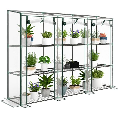Serre de jardin 3 niveaux avec étagères, serre de balcon 3 portes zippées enroulables, 215x46x151 cm transparent, abri de culture extérieur, serre tunnel légère pour plantes et légumes. (1/5)