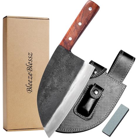Couteau de chef couteau couperet couteau de cuisine serbe en acier au carbone forgé à la main avec gaine en cuir pour la cuisine de camping en plein air (1/4)