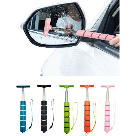 Essuie-lame pour rétroviseur latéral avec tige télescopique rétractable, essuie-glace de rétroviseur de voiture pour temps pluvieux et brumeux, outil portable de nettoyage de vitres automobiles - Rose (1/5)