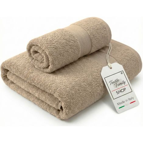 Coppia Asciugamani Viso e Ospite Sabbia - Spugna 100% Cotone 450 g/m² Made in Italy