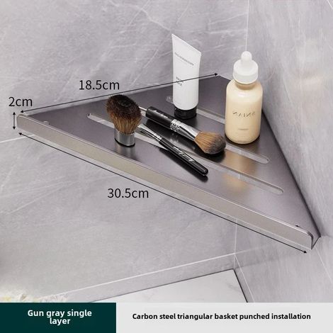(1 pièce grise A) Étagère de salle de bain triangulaire avec bonde, sans perçage, fixation murale, étagère d'angle, porte-accessoires de douche en acier au carbone avec crochets. (1/5)