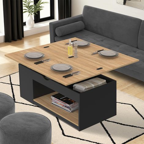 Mesa de centro rectangular con tablero elevable, convertible en mesa de comedor ELEA de madera negra y chapado de haya (1/5)