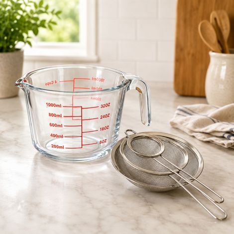 Juego de utensilios para preparar pasta (2 piezas): juego de 3 coladores de acero inoxidable y jarra medidora de cristal de 1 l (1/5)