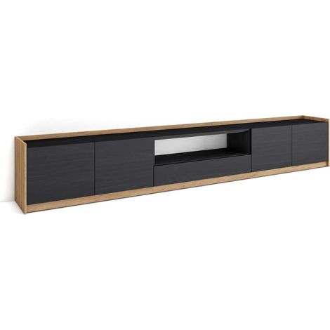 Mueble TV Cerralba-02 de 310x50x37 cm con almacenamiento, color negro y roble (1/4)