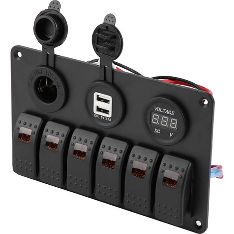 6-fach 12V/24V LED-Wippschalterpanel für Boot/Auto, mit zwei USB-Anschlüssen, Voltmeter, Zigarettenanzünder, orange (1/5)