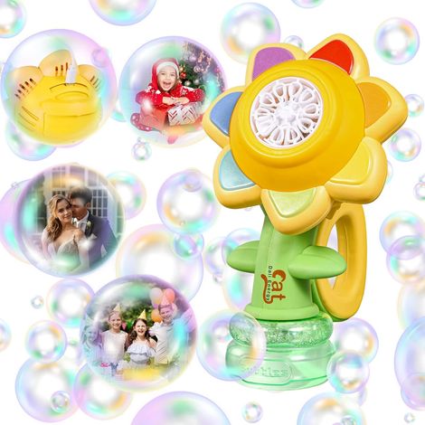 Machine à bulles tournesol, modèle 2025, pour enfants : jouet automatique à bulles en forme de fleur avec éclairage coloré, portable, 20 000+ bulles. (1/5)