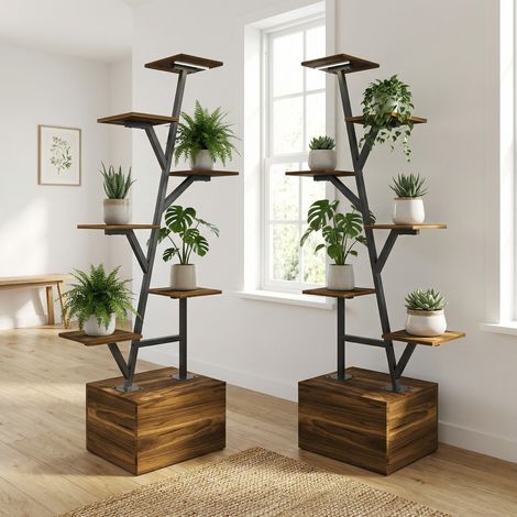 Lot de 2 Porte-plante avec Lampe de Croissance à Spectre Complet, Étagère à Fleurs 140cm avec 2 Armoires de Rangement, Support de Fleurs en Métal et Bois, Style Moderne, Noyer et Noir