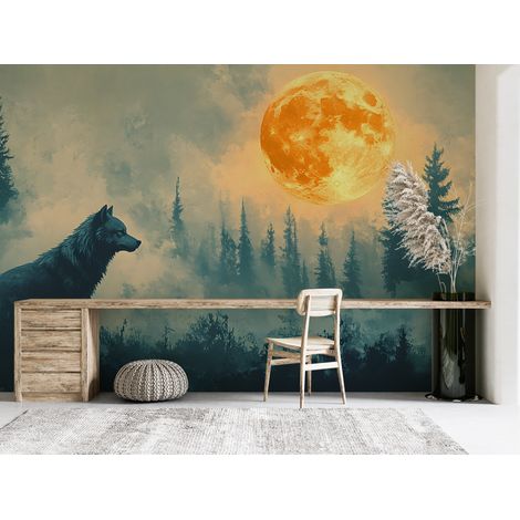 Papier peint animaux - loup hurlant à la lune rousse - 150 x 250 cm (1/2)