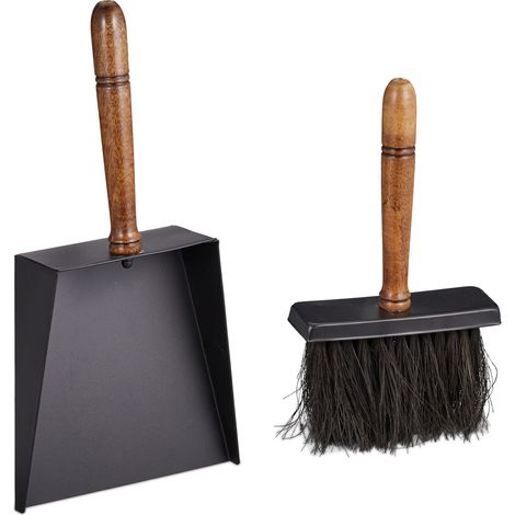Relaxdays Fireplace Sweeping Set, Big Iron Dustpan & Hand Brush, Wooden Handle, Jute Bristles, Chimney Set, Black/Brown