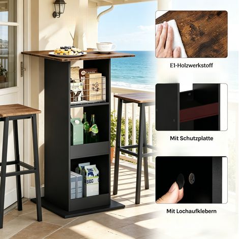 Table haute carrée 2 en 1 avec étagères, table de bar, noire et brun rustique, 60x60x109 cm (1/5)