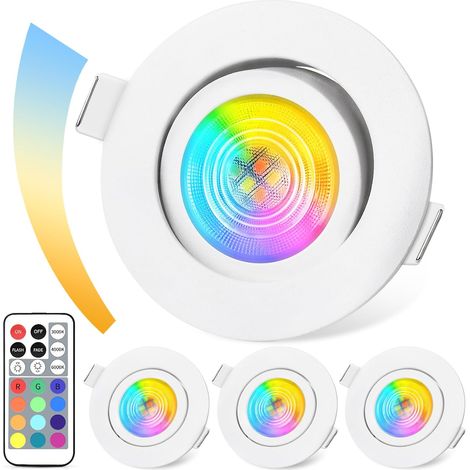 GeyouLux Spot LED Encastrable Dimmable RGB,IP44 Aluminium Spot LED 230V 68mm,5W 3CCT Spots Encastrés, Orientables 38°+ 45° Spots de Plafond Blancs avec Télécommande IR pour Salle de Bain, 4 Pièces (1/5)