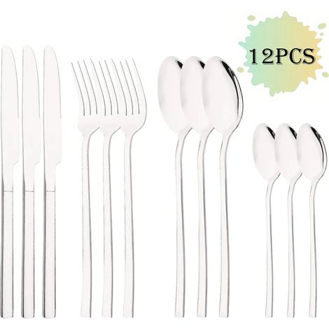 (Ensemble de couverts argentés en acier inoxydable de 12 pièces, comprenant un couteau, une fourchette et une cuillère à café)