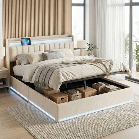 Letto Contenitore Imbottito 160x200 cm con Contenitore - LED RGB & USB - Testiera Intelligente in Velluto Beige(160x200cm, Beige)