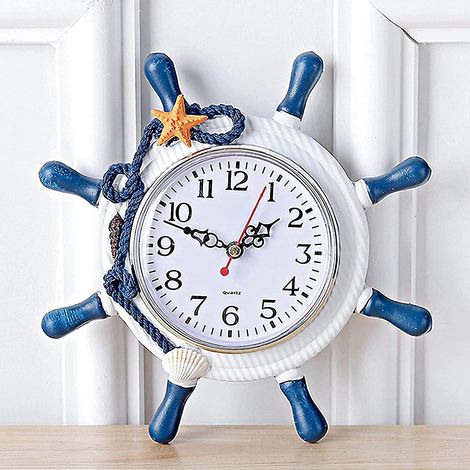 HOXILEELEO - Horloge murale d'intérieur/extérieur, style méditerranéen, en bois, avec gouvernail et motif océan, idéale pour la plage ou comme horloge décorative nautique (bleue) Stcyv (1/5)