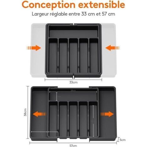 - Range Couverts, Plateau d'Ustensiles Extensible pour Tiroir, Organisateur de Tiroir Réglable pour la Cuisine, Rangement Compact en Plastique pour contenir des Cuillères, Fourchettes, Noir