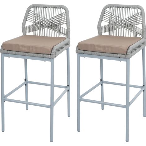 Conjunto de 2 taburetes de bar de estilo moderno para interior y exterior en metal gris y trenzado de cuerda con cojines color topo 040009636