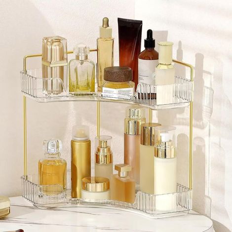 Plateau d'angle pour maquillage à 2 niveaux en acrylique pour rouge à lèvres, soin des ongles, parfum, pinceau, coiffeuse, chambre à coucher, cuisine, salle de bain (blanc) (1/5)