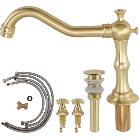 Robinet de lavabo vintage doré à deux poignées, mélangeur eau chaude/froide, laiton massif brossé, style européen, pour salle de bain. (1/5)
