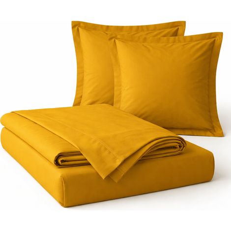Parure de drap 4 Pièces en coton 57 fils 140 x 190 cm Curry – Drap-Housse, Drap Plat et 2 Taies d’Oreiller