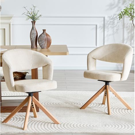 Esszimmerstuhl 2er-Set drehbar Stoff Massivholz cremeweiß OKMYHOME (1/5)