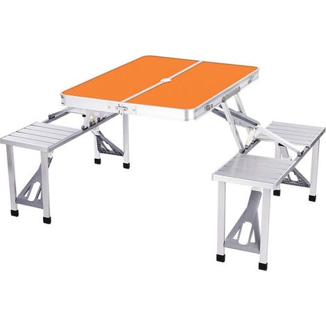 TrAdE Shop Traesio - Set Tavolo Pieghevole In Alluminio Pic Nic Campeggio Portatile Valigia Con Panca A 4 Posti - Arancione
