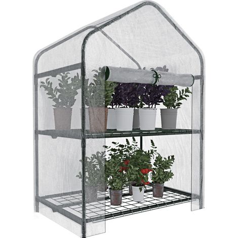 Serra A 2 Ripiani Da Giardino Per Orto Telaio In Acciaio Verniciato Telo In PVC Trasparente Porta Avvolgibile Apertura A Cerniera Protezione Piante Giardinaggio Design Con ruote 69 x 49 x 125 Cm (1/5)