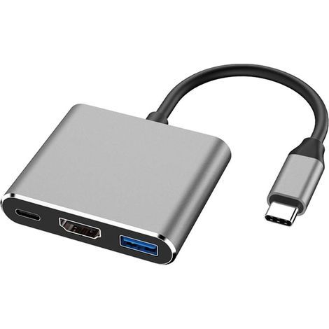 3-in-1 USB-C-zu-HDMI-Adapter, USB-C-Hub zu HDMI-4K-Konverter mit USB-3.0-Anschluss und USB-C-Ladeanschluss, kompatibel mit MacBook Pro, iPad Pro 2020/2018 (Grau) (1/5)
