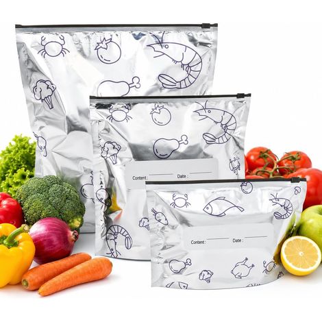 30 wiederverwendbare Aluminium-Gefrierbeutel mit Reißverschluss, Mylar-Beutel zur Aufbewahrung von Fleisch und Meeresfrüchten (20x13/23x15/26x27cm) (1/5)