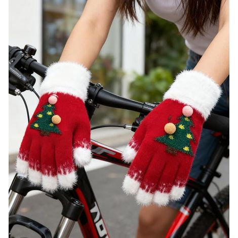 Gants d’hiver pour écran tactile de Noël pour adulte, gants pour femme avec motif sapin de Noël, moufles à cinq doigts en peluche pour cyclisme en extérieur (1/4)