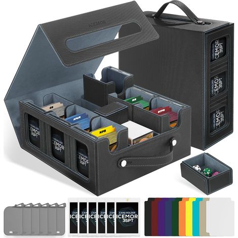 Boîte de rangement pour cartes avec poignée, Deck Box pour et TCG, contient 6 boîtes avec couvercle, 6 bouchons de fermeture, 10 séparateurs colorés (noir et gris) (1/5)