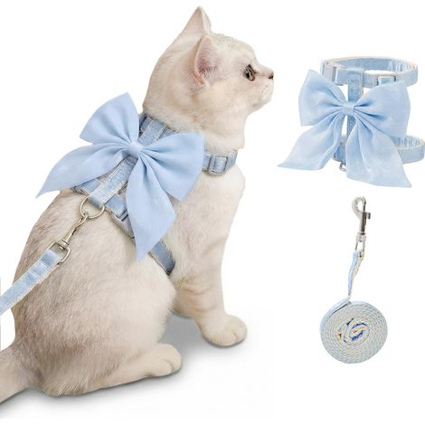 Ensemble harnais et laisse pour chat avec nœud papillon bleu, conception antidérapante (taille S), taille réglable. (1/5)