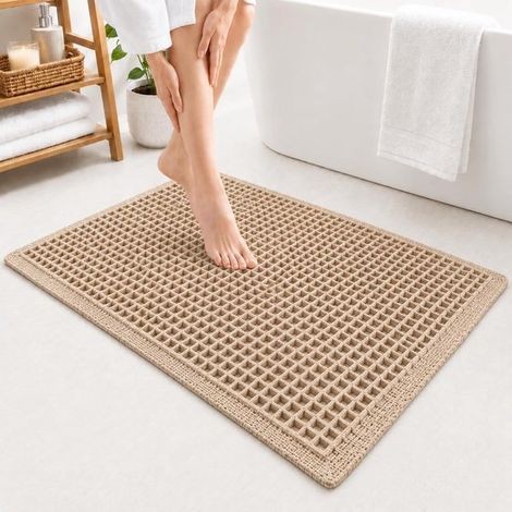 Tapis de bain gaufré avec pompons, tapis de douche super absorbant, antidérapant et lavable en machine, pour salle de bain et sol de douche (1/5)