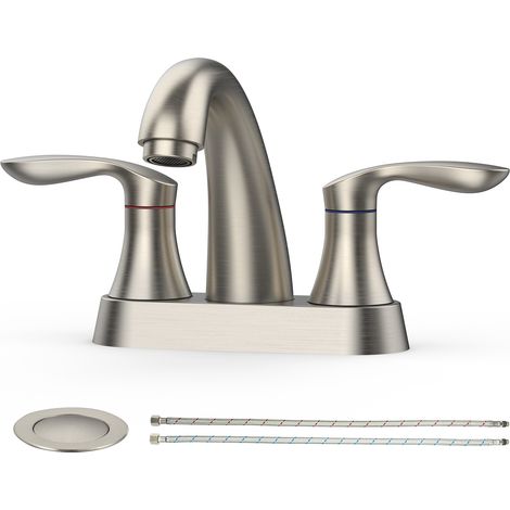 Mitigeur lavabo 3 trous 4 pouces - Montage sur plage, double poignée - Bonde escamotable & flexibles cUPC sans plomb - Usage salle de bain - Finition nickel brossé (1/5)