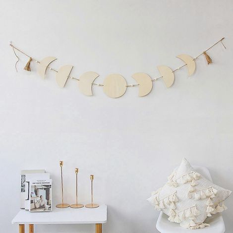 Pendentif bohème lune et étoile en copeaux de bois, décoration murale bohème, pompon, cadeau pour chambre à coucher, attrape-rêves, ornement de Noël (1/4)