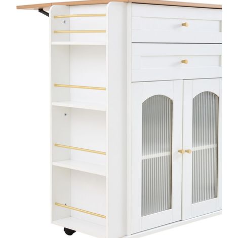 Desserte de Cuisine 110 cm 2 tiroirs plateau rabattable sur roulettes portes vitrées étagère latérale grand rangement