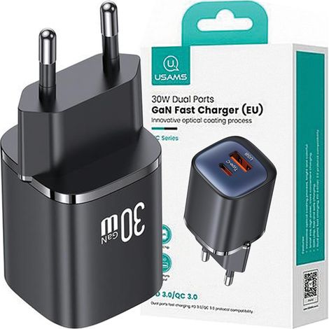 USAMS Ład. siec. CC254 30W GaNUSB-C/USB-A Schnellladung HC Serie czarny/black CC254TC01