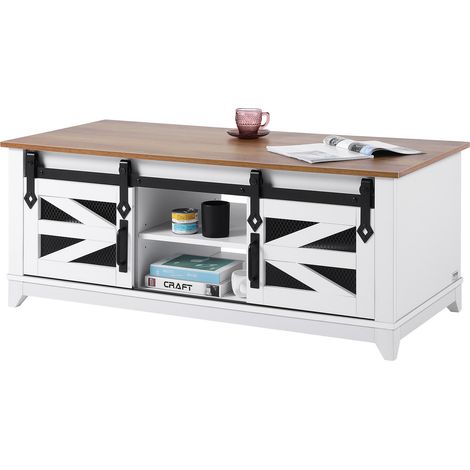 VEVOR Tavolino da Caffe da Fattoria da 1210 mm Tavolino Rettangolare con 2 Ante Scorrevoli Stile Fienile, Tavolo in Legno Rustico a 2 Livelli con Ripiani Rimovibili per Soggiorno, Bianco e Naturale